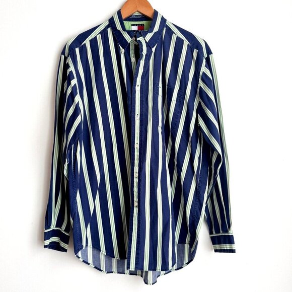 Tommy Hilfiger Striped Embroidered Logo Long Sleeve Button Down Shirt M - Picture 1 of 7